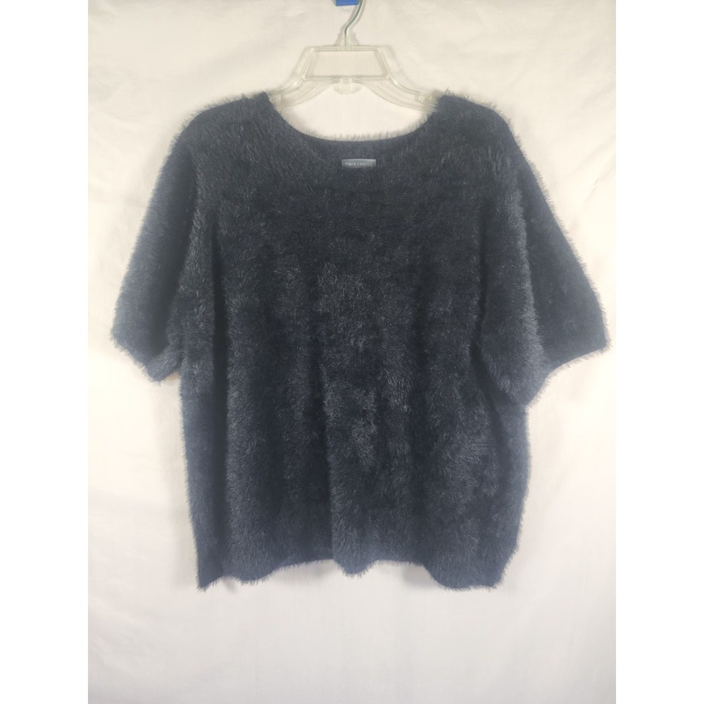 Vince Camuto Womens 1X Black Fuzzy Eyelash Knit Sweater Short Sleeve Soft Goth